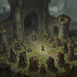 point perspective dungeon irradiated fantasy dungeon The troll herald Shiah and their mangy crowd of mummys are hiding on the thick delta.,by artgerm and Craig Mullins, James Jean, Andrey Ryabovichev, Mark Simonetti and Peter Morbacher 16k