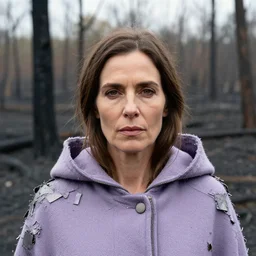 closeup portrait of a woman wearing a cloak made of lavender and scrap metal in a charred, burnt forest, by Annie Leibovitz and Steve McCurry, natural light, detailed face, CANON Eos C300, ƒ1.8, 35mm, 8K, medium-format print