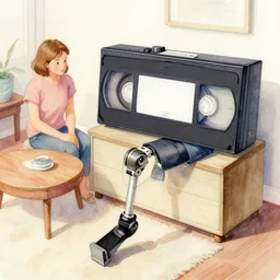 watercolor amputee as vhs tape player wrapping amputee in 1 9 9 0 apartment ian miller, kelly freas, & albrecht durer, fine art masterpiece baked at 3 0 0 f, matte painting, backlit dystopian lighting, photorealistic render, cinematic,