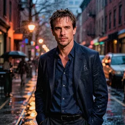 night flash portrait photography of paul dano in the rain on the lower east side by annie leibovitz, raining!!! nighttime!!, colorful!!,