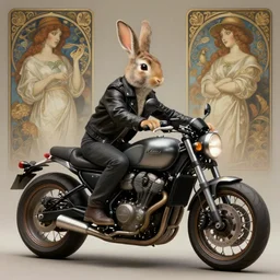 a bunny wearing a leather jacket, riding a motorcycle, elegant, highly detailed, digital painting, artstation, concept art, matte, sharp focus, highly detailed, 4 k, hdr, smooth, sharp focus, high resolution, award - winning photo, photorealistic, art by artgerm and greg rutkowski and alphonse mucha, large shot