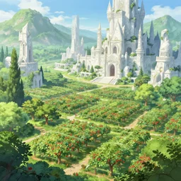 Lush fruit farms outside a beautiful elven city made of white marble, anime, lush trees, a fantasy digital painting by Greg Rutkowski and James Gurney, trending on Artstation, highly detailed