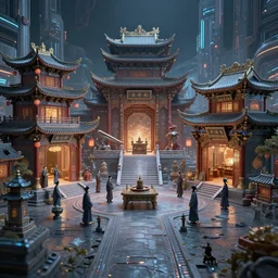 futuristic cyberpunk confucian society, 3 d render, high quality