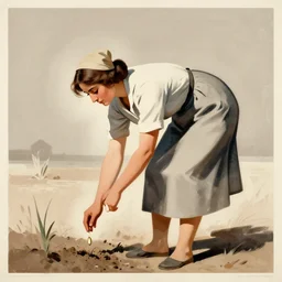 stylized farmer woman in dress bending down planting a seed in the ground, limited neutral palette, by petros afshar, anton fadeev, dean ellis, beautiful graphic full body portrait, propaganda poster art 1 9 7 0 s illustrated advertising art, painterly character design