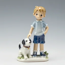 Lladro of a boy with a Dog, Product Introduction Photos, 4K, Full body, Simple Background