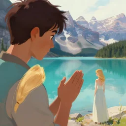 a digital painting of a dark - haired man proposes to his blond wife next to a beautiful turquoise lake, mountain in the background, close - up