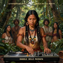 an indigenous woman deejing with a turntables in the jungle, poster art by daniele caruso, benediktus budi, jason edmiston, vc johnson, powell peralta