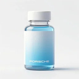 concept art of a porsche blue iridescent liquid dietary supplement in a transparent round bottle, refined, simple, pure, white