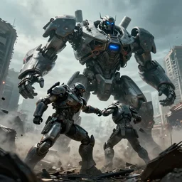 film upward angle, futuristic giant powerful sci - fi war mech fight, brawl, knockout punch, haymaker impact, shatter, emerging from smoke and debris in war zone, crumbling buildings, titanfall irl, hawken, pacific rim, flat color profile low - key lighting award winning photography arri alexa cinematography, hyper real photorealistic cinematic, atmospheric cool colorgrade