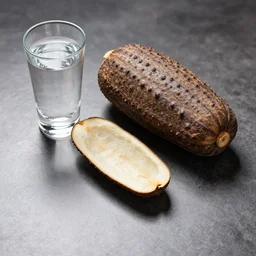 chucumber laying on a table with a glass of vodka on the side, realistic, hdr, clear image, hdd, dynamic lighting, - n 4