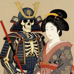 portrait of a skeleton samurai and his beautiful Japanese wife by Toshio Saeki, high detailed