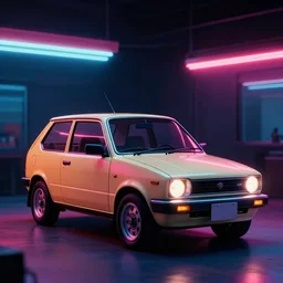 designed by giorgetto giugiaro stylized poser of a single 1 9 9 1 kei car, thick neon lights, ektachrome photograph, volumetric lighting, f 8 aperture, cinematic eastman 5 3 8 4 film