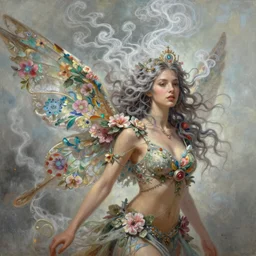 a colorful and provenance illustrations painting of the fantasy female who with floral wing, highly detailed, her hair made of hair made of air wind and curling smoke, mist, dust, genie, spirit fantasy concept art, art by charlie bowater and greg rutkowski, trending on artstation.