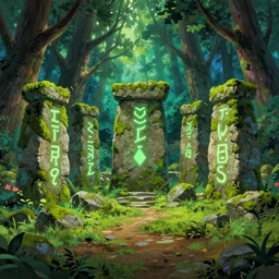 a sanctuary in an enchanted forest, large stones covered with moss, stonehenge, glowing runes, glowing lights, epic fantasy, colorfully, digital art, highly saturated colors, concept art, detailed illustration, hd, 4 k, digital art, greg rutkowski, dan mumford, studio ghibli trending on artstation