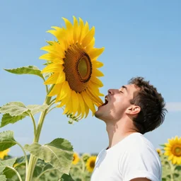 a man with a giant sunflower erupting from his mouth.