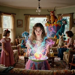 movie still by alejandro jodorowsky of a beautiful day in a family living room in a suburban neighborhood usa, visible magic energy, dream creature costumes, telekinesis fruit, talking animals, magic parade float, cinestill 8 0 0 t eastmancolor technicolor, high quality, very detailed, heavy grain, fine facial features, 8 k, octane render h - 7 0 4