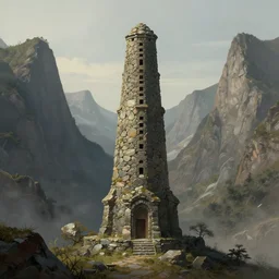 a lonely stone tower between two mountain ranges by alan lee, intricate, highly detailed, digital painting, artstation, concept art, smooth, sharp focus, illustration, vfx