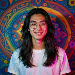 colorful and Festive Captivating young man with long black hair, round glasses, white t-shirt, smiling, innocent look. rich vivid colors, ambient lighting, dynamic lighting, 4k, atmospheric lighting, painted, intricate, highly detailed by Charlie Bowater