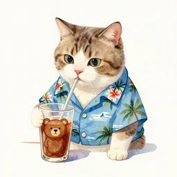 a watercolor drawing of a cat wearing a hawaii shirt drinking a bear