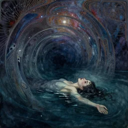 despair, drowning, loneliness. collapsing into spiral oblivion, the weeping visage of a longing dreamer in desolation. cosmic void, abyssal ocean depths, art nouveau art deco, vibrant darkness, by jackson pollock and edvard munch and rebecca guay and carl critchlow. moody, murky. glimmering hopes last gasp in the endless waters. watercolor painting.