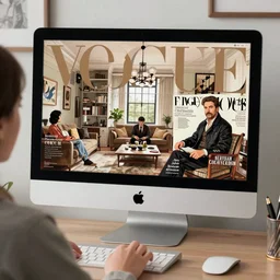 apple imac monitor, woman using computer, vogue magazine, interior design, greg rutkowski, john singer sargent, anime, trending on artstation, intricate