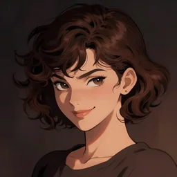 a beautiful girl with short curly brown hair in a ponytail, a pointy chin, a sly smile, dramatic lighting, illustration by Greg rutkowski, yoji shinkawa, 4k, digital art, concept art, trending on artstation