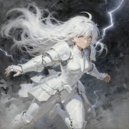 oil painting, white, sakimi chan, detailed face, fantasy armor, flying, tony sart, wind, lightning, dramatic lighting