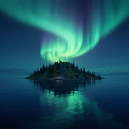 Hyperdetailed digital artwork concept art of Night island and the aurora borealis reflected in the dark sapphire water in style of Albert Bierstadt and Jim Burns, 4k resolution post-processing, Octane Render, Unreal Engine 5, Global Illumination, smooth, epic composition, cinematic shot