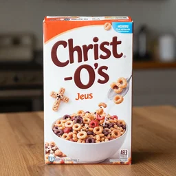 cereal box for a cereal called christ - o's, jesus, crosses, cereal, product photograph