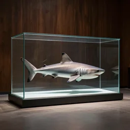 a glass rectangle box, inside is a big shark, museum display, dark wooden walls, studio lighting