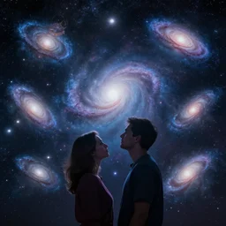 couple staring into the universe, multiple galaxies around