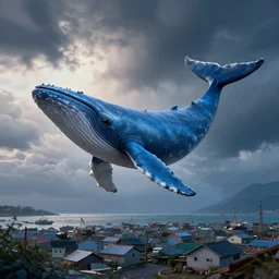 blue whale flying over a fishing village, dramatic illumination, digital art, very detailed, 4 k, high quality