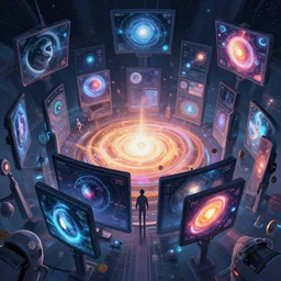 the ai have created multiverse, the ai overwatch thousand of screen displaying different universe by greg rutkowski