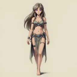 woman ; ashy brown hair ; violet eyes ; muted colors ; psychic ; ; wearing sci - fi belly dancer outfit ; drawn by hayao miyazaki and artgerm ; digital art ; high detail ; trending on artstation ; full body
