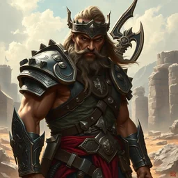 veteran warrior, man in ancient armour with, barbarian, conan the conqueror, powerful male character from warcraft, character portrait, dnd art, new hearthstone addon, trading card game art, perfectly shaded, extremely detailed, royal allure, volumetric lighting, 4 k, sharp focus, deserted landscape, ancient stone ruins, art by frank frazetta and greg ruthkowski