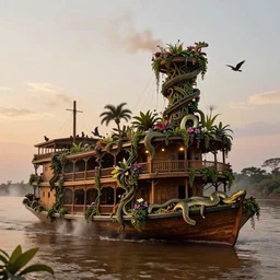 A wooden, beautiful 1880's steamboat overgrown with intricate vines, flowers, snakes, anacondas and exotic vegetation floating down on the Amazon river. Faint lights from inside the ship. Steam. Birds circulating. The boat looks like an island. Ecosystem. Photo by Ridley Scott. Photorealistic. Sunset. Volumetric lights. Mist. hyper-maximalistic, with high detail, cinematic, 8k resolution, beautiful detail, insanely complex details.