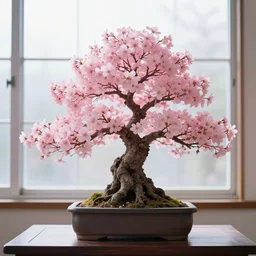 beautiful, cute pink sakura bonsai tree on table next to window, high detail, 8k,