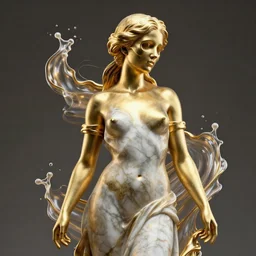 half gold half marble statue of a beautiful skull woman, rendered in vray with realflow fluid simulations