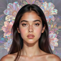 portrait latina with floral background : : holographic fractals : : by karol bak, artgerm, moebius, elena masci, tom bagshaw : : portrait, illustration, photorealism, hyperrealism
