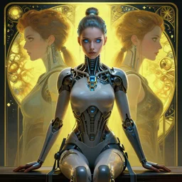 cyberpunk full shot, sitting, very detailed, cgsociety, artstation, female, clean, symmetry, blue eyes, nice clothing, intricate, impossible beauty, golden ratio, eye implant bionic, ponytail, staring in the void, art by krenz cushart and artem demura and alphonse mucha