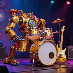 huge robotic drumset on a stage with a golden shiny electric guitar amp, the drumset is futuristic steampunk style with gears and tubes, 8 k, fluorescent colors, halluzinogenic, multicolored, exaggerated detailed, unreal engine - h 7 6 8