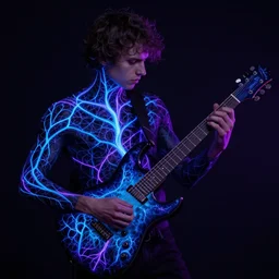 guitar, by greg rutkowski, by anton fadeev, by rhads, 4 k,, glowing blue veins, purple glowing wires