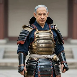 benjamin netanyahu dressed in samurai armor, holding a sword