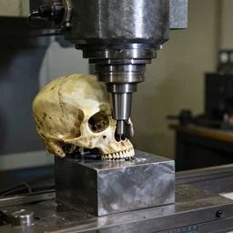 a vertical milling machine creating a human skull from a block of steel, painted by beksinski
