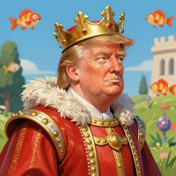 closeup profile portrait of a tin toy donald trump as king henry viii, hyper realistic, artstation, illustration, concept art by nicoletta ceccoli, mark ryden, lostfish, max fleischer, digital paint, matte paint, vivid colors, bright, cheerful, detailed and intricate environment