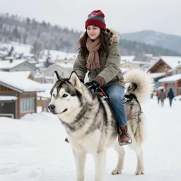 girl riding a giant husky in the snowy town