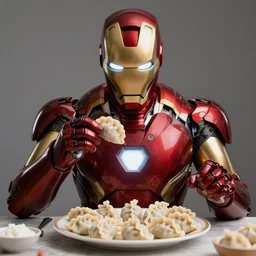 iron-man is eating vareniki russian food, hyper-realistic, photorealistic, cinematic, studio lighting