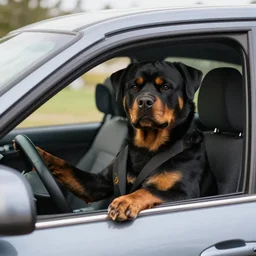 photo of a rottweiler in a suit driving a car to work