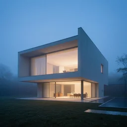 a house designed by renzo piano, blue hour, misty fog