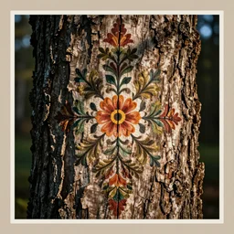 a beautiful slavic floral pattern painted on old tree bark